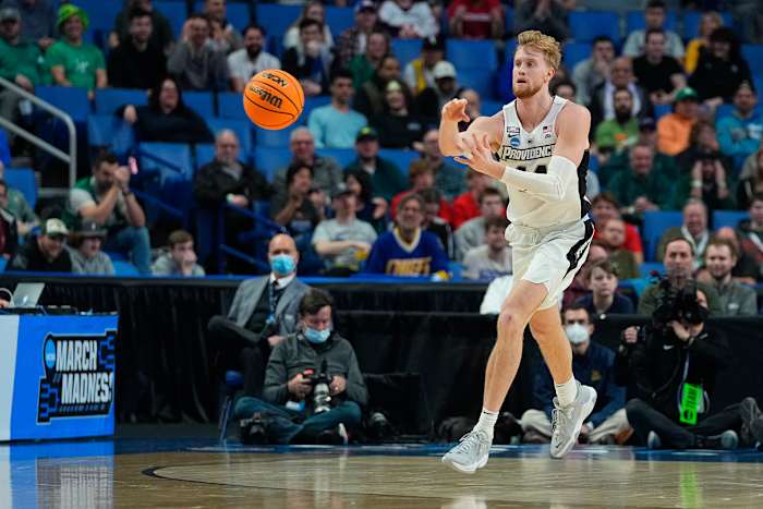 Mar 17, 2022; Buffalo, NY, USA; Providence Friars forward Noah Horchler (14) passes the ball against the South Dakota State Jackrabbits in the first half during the first round of the 2022 NCAA Tournament at KeyBank Center. Mandatory Credit: Gregory Fisher-USA TODAY Sports